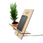 support de téléphone en bois avec plante