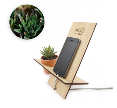 support de telephone en bois avec la plante 