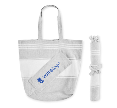 set sac et serviette de plage couleur gris