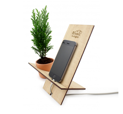 support de téléphone en bois avec plante