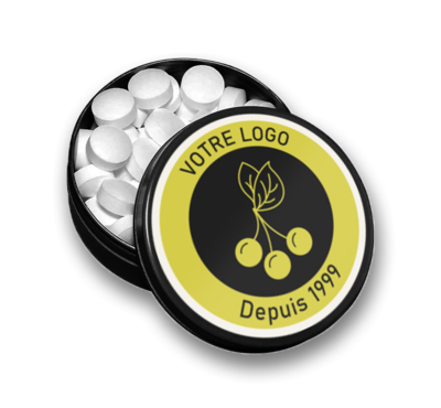 boite en métal couleur noir avec bonbon