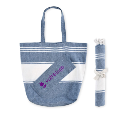 set sac et serviette de plage couleur bleu marine