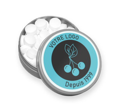 boite en métal couleur argent avec des bonbon