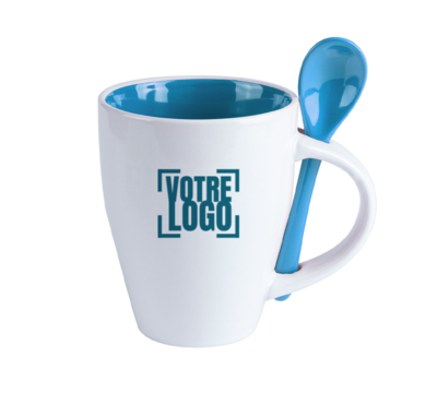 mug bleu avec cuillère en céramique