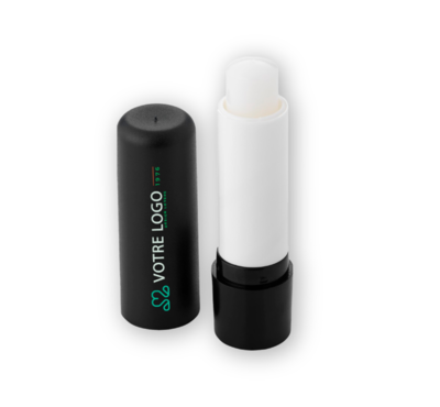 Baume à lèvre publicitaire noir ouvert