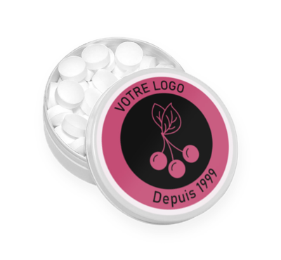 boite en métal couleur blanc avec des bonbons 