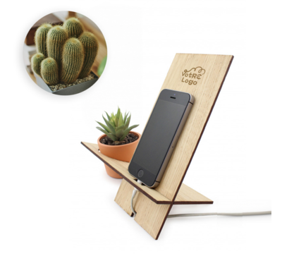 support de telephone en bois avec une plante cactus