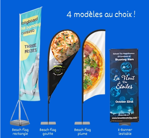 PLV extérieure : kakemono, beach flag, oriflamme et totem